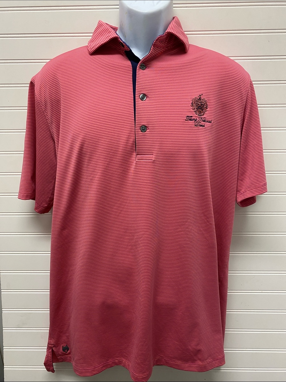Greyson Trump National Doral Men’s Golf Shirt Coral Pink Thin-Stripe Polo